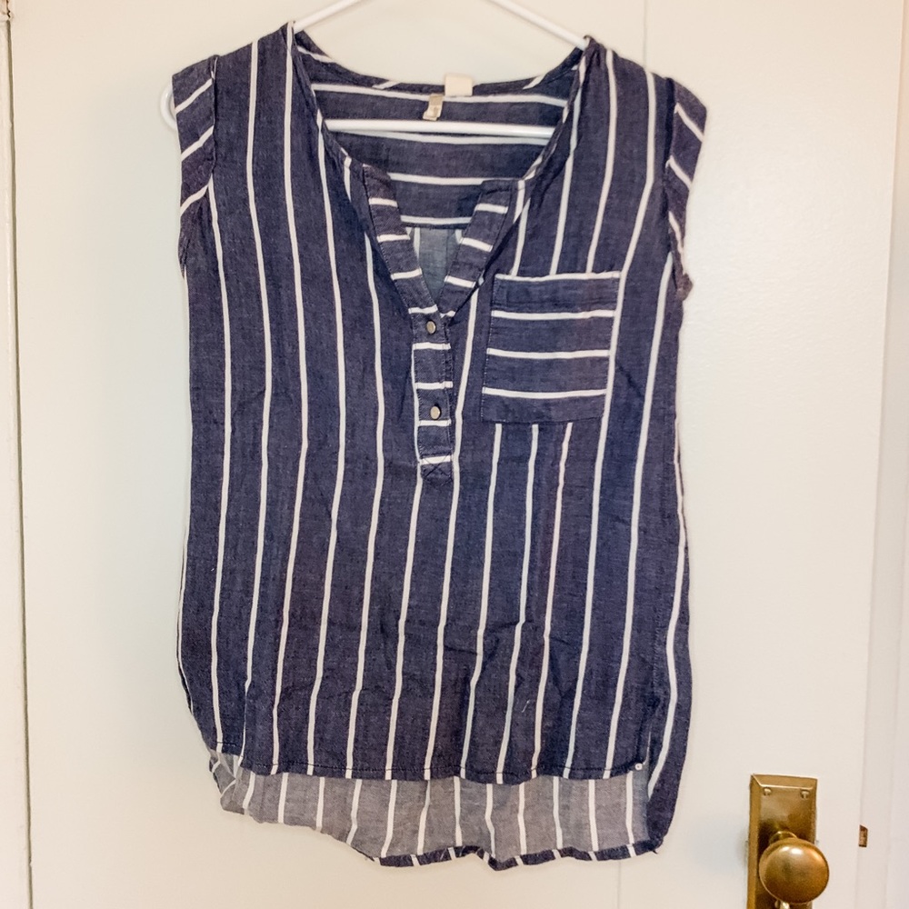 Denim Striped 1/2 Button Sleeveless Top Tank